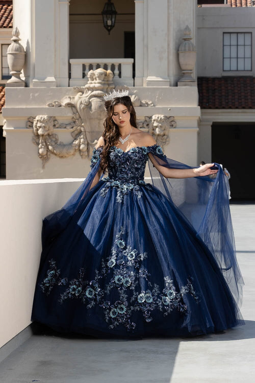 Floral Applique Cape Sleeve Ball Gown by Bella Princess PQ1036