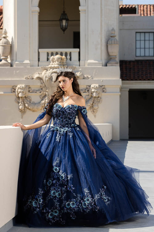 Floral Applique Cape Sleeve Ball Gown by Bella Princess PQ1036