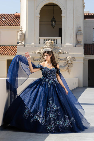 Floral Applique Cape Sleeve Ball Gown by Bella Princess PQ1036