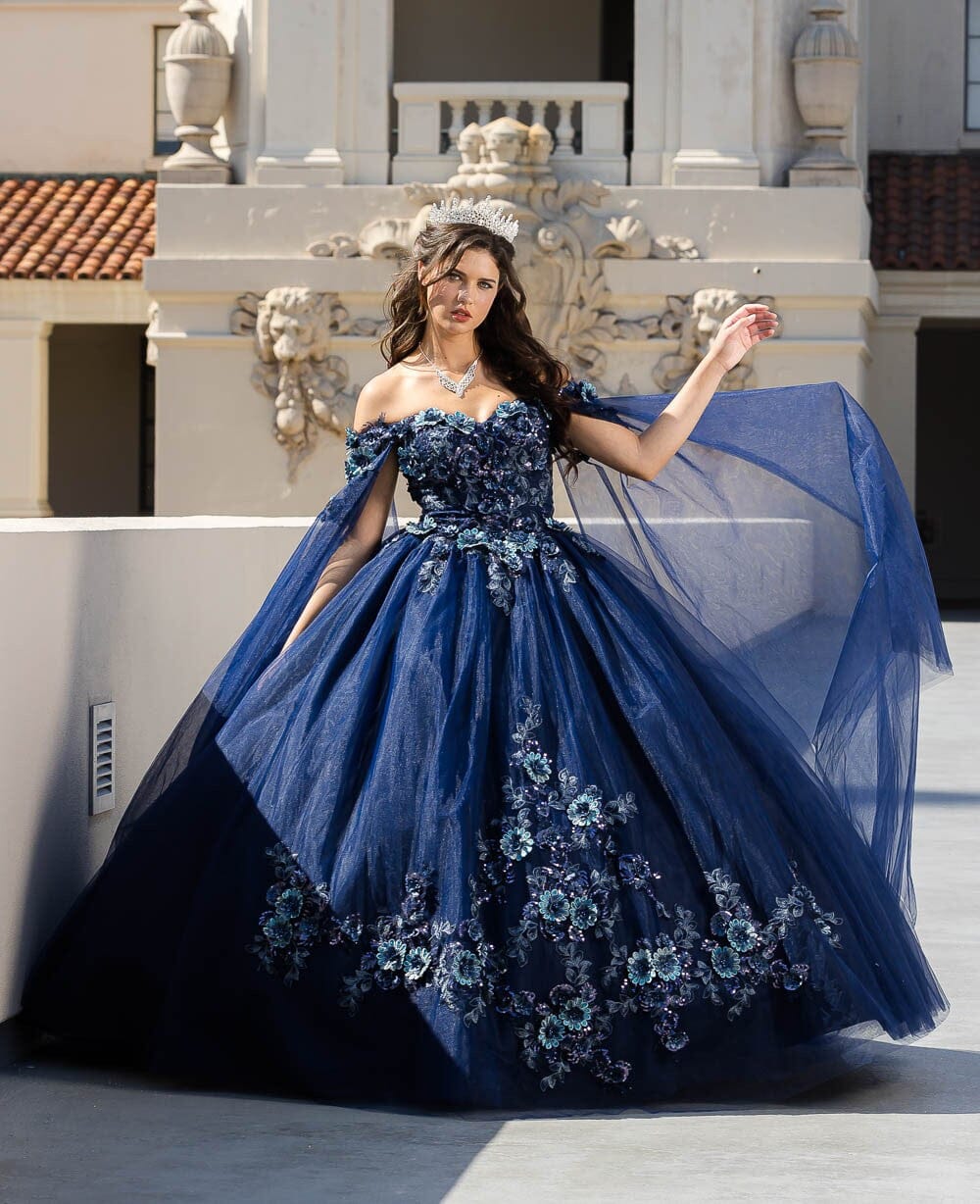 Floral Applique Cape Sleeve Ball Gown by Bella Princess PQ1036