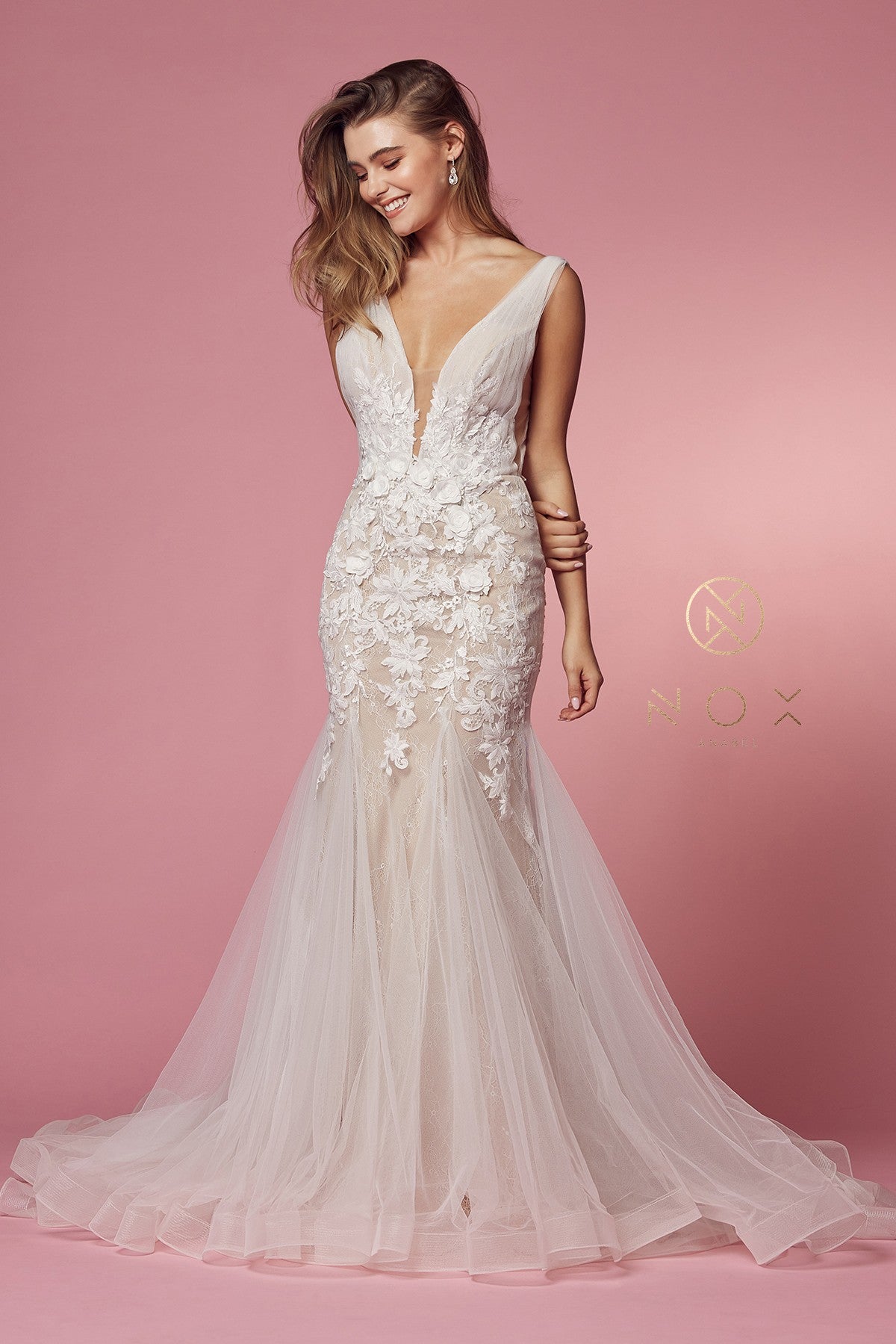 Nox Anabel JE917 V-Neck Floral Applique Mermaid Long Wedding Dress with Train