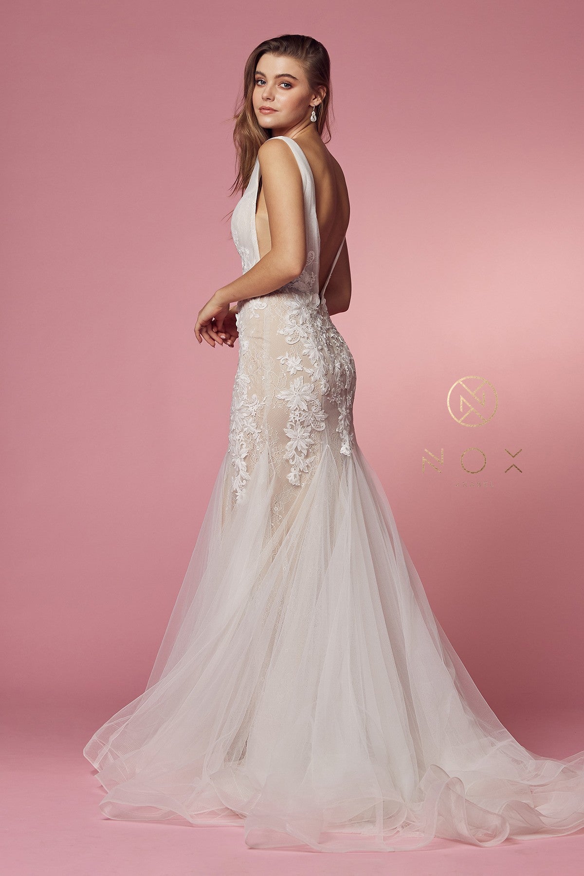 Nox Anabel JE917 V-Neck Floral Applique Mermaid Long Wedding Dress with Train