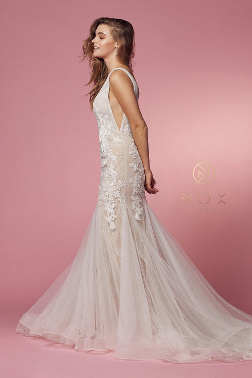 Nox Anabel JE917 V-Neck Floral Applique Mermaid Long Wedding Dress with Train