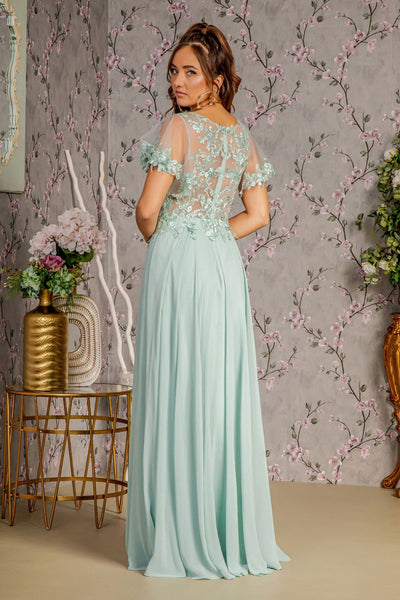 Floral Applique Short Sleeve A-line Gown by GLS Gloria GL3352 - Long Formal Dresses