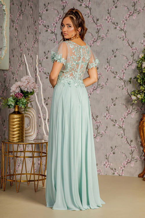 Floral Applique Short Sleeve A-line Gown by GLS Gloria GL3352 - Long Formal Dresses