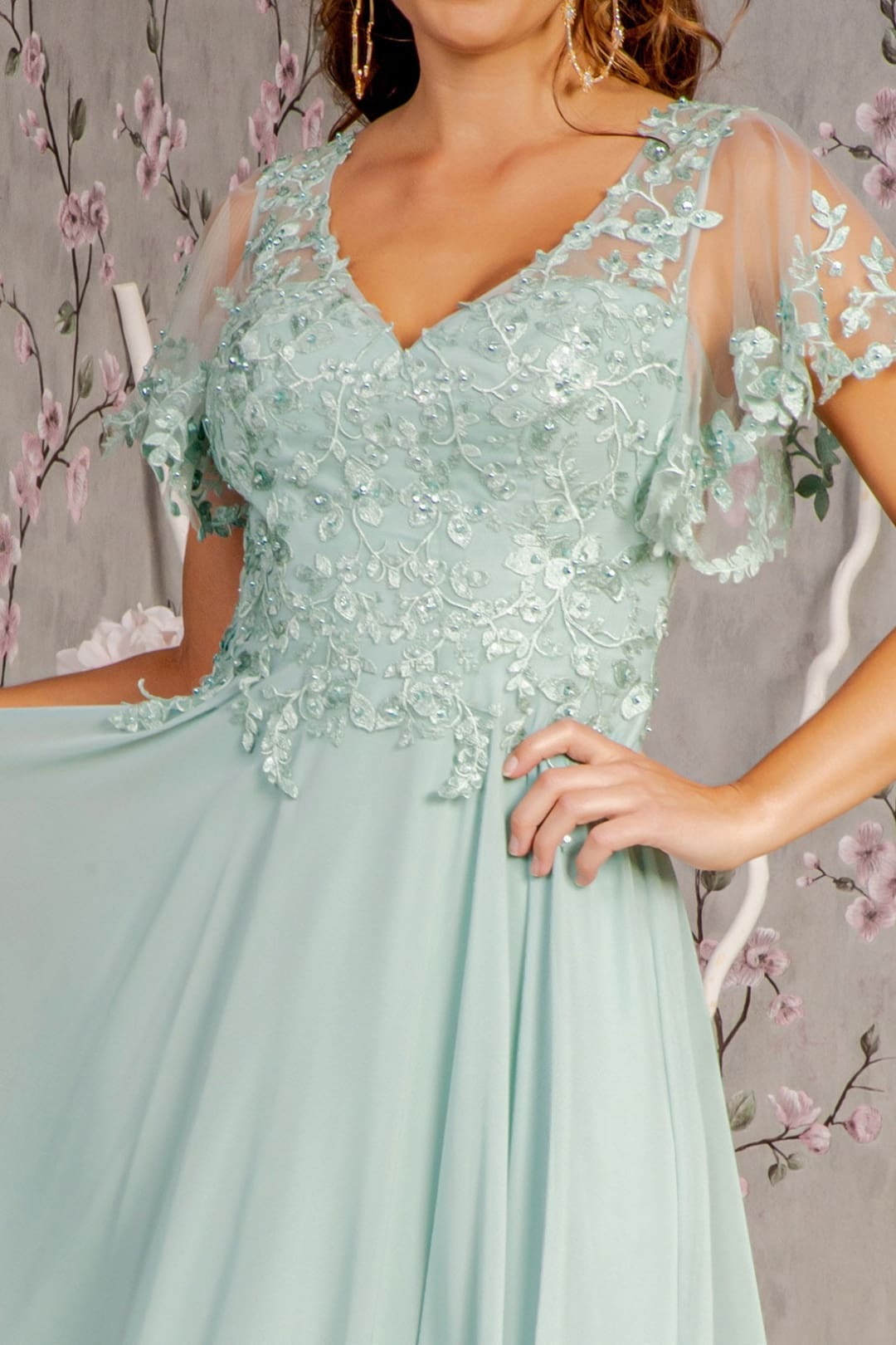 Floral Applique Short Sleeve A-line Gown by GLS Gloria GL3352 - Long Formal Dresses