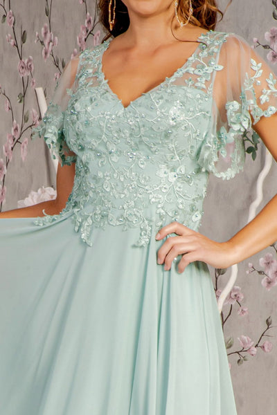 Floral Applique Short Sleeve A-line Gown by GLS Gloria GL3352 - Long Formal Dresses