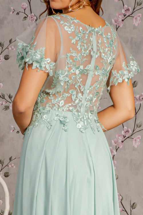 Floral Applique Short Sleeve A-line Gown by GLS Gloria GL3352 - Long Formal Dresses