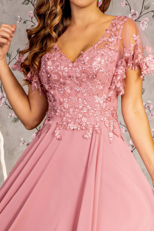 Floral Applique Short Sleeve A-line Gown by GLS Gloria GL3352 - Long Formal Dresses