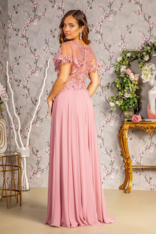 Floral Applique Short Sleeve A-line Gown by GLS Gloria GL3352 - Long Formal Dresses