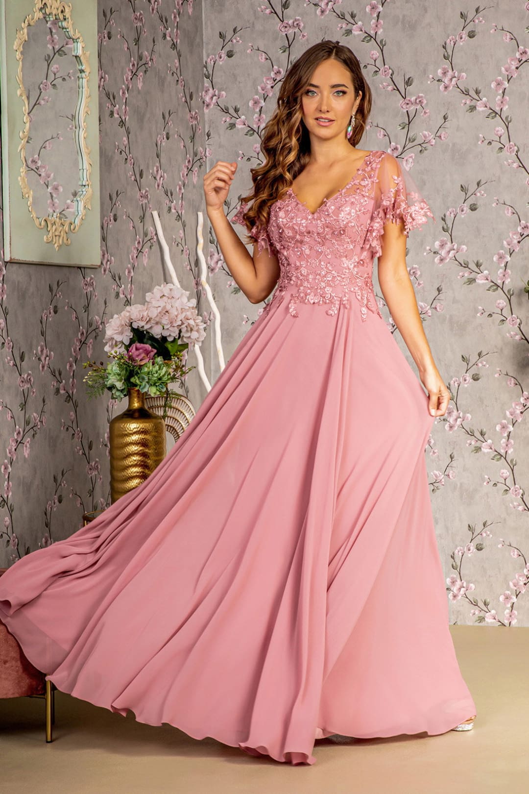 Floral Applique Short Sleeve A-line Gown by GLS Gloria GL3352 - S / Dusty Rose - Long Formal Dresses