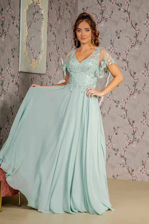 Floral Applique Short Sleeve A-line Gown by GLS Gloria GL3352 - S / Sage - Long Formal Dresses