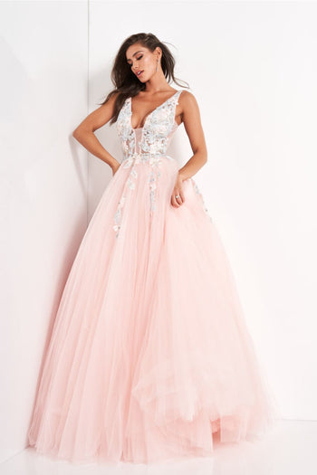 Floral Applique Sleeveless A-line Gown by Jovani 11092 - 00 / Blush - Long Formal Dresses