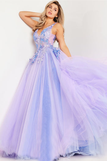 Floral Applique Sleeveless A-line Gown by Jovani 24602 - 00 / Lilac/Multi - Long Formal Dresses