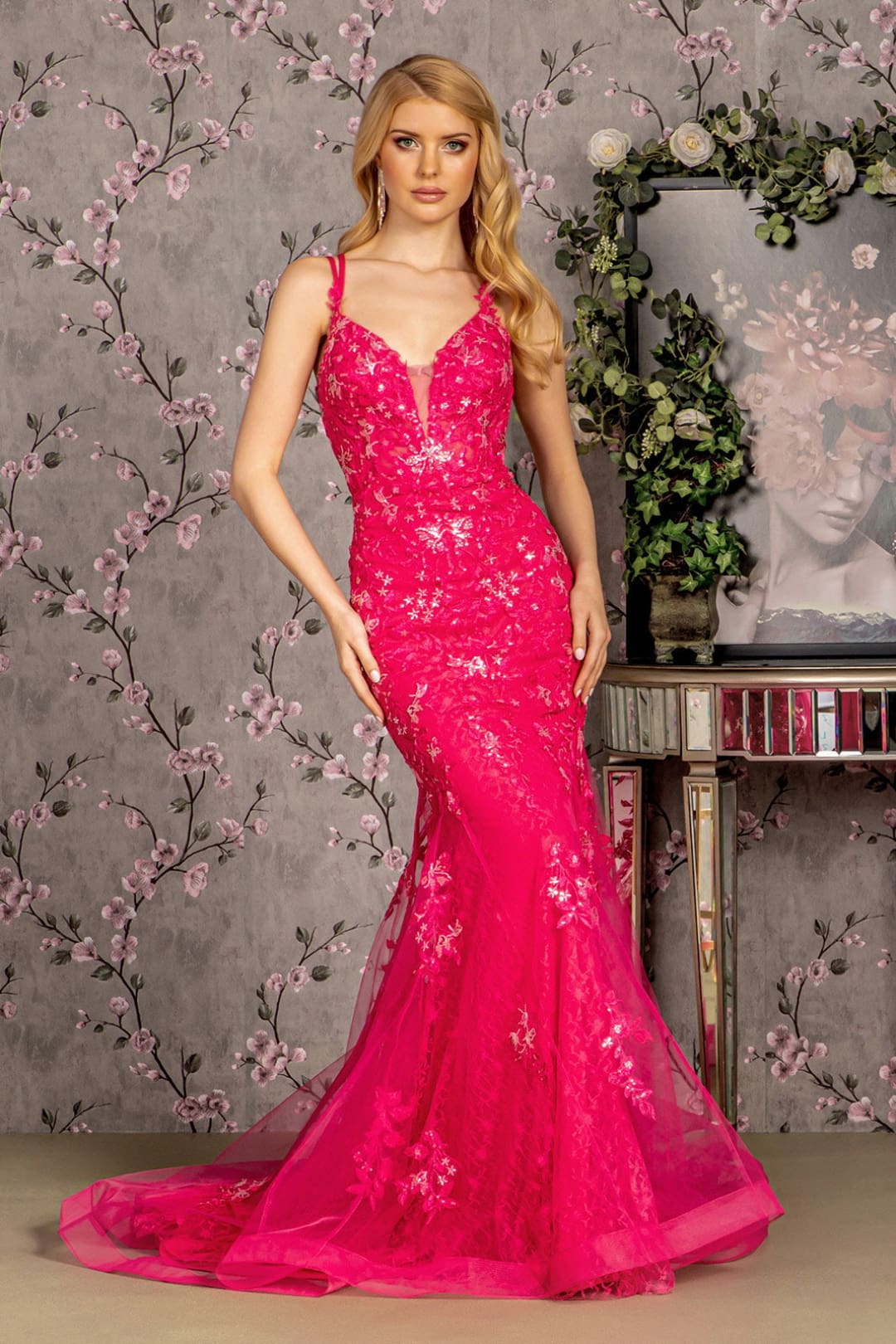 Floral Applique Sleeveless Mermaid Dress by GLS Gloria GL3333 - XS / Fuchsia - Long Formal Dresses