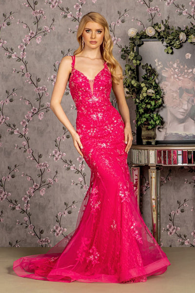 Floral Applique Sleeveless Mermaid Dress by GLS Gloria GL3333 - XS / Fuchsia - Long Formal Dresses