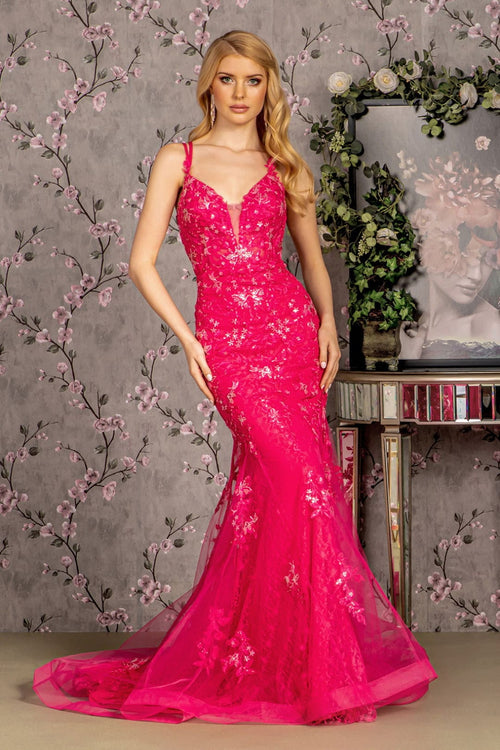 Floral Applique Sleeveless Mermaid Dress by GLS Gloria GL3333 - XS / Fuchsia - Long Formal Dresses