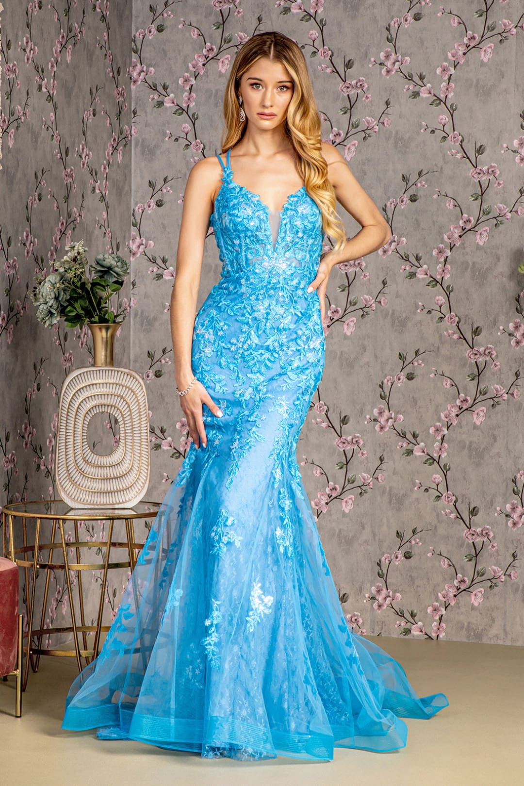 Floral Applique Sleeveless Mermaid Dress by GLS Gloria GL3333 M / Ocean Blue