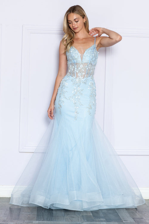 Poly USA 9374 Floral Applique Sleeveless Mermaid Dress