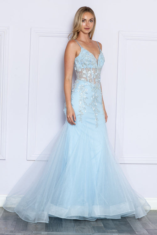 Poly USA 9374 Floral Applique Sleeveless Mermaid Dress