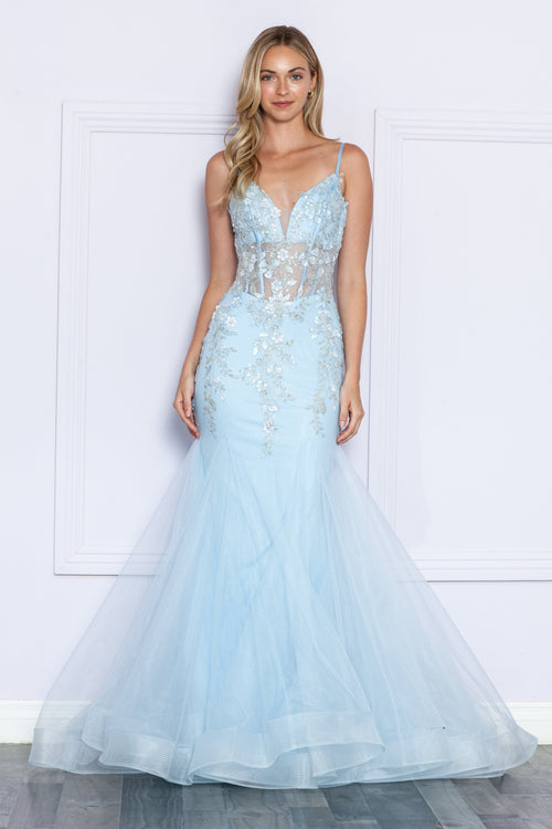 Poly USA 9374 Floral Applique Sleeveless Mermaid Dress