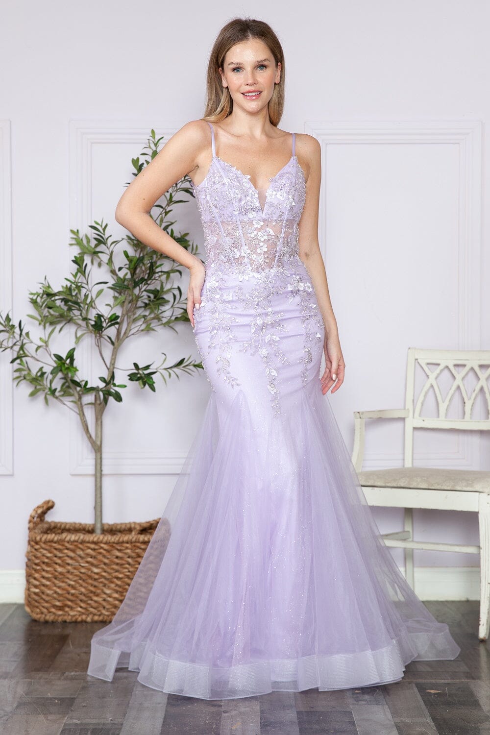 Vestido de sirena sin mangas con apliques florales de Poly USA 9374