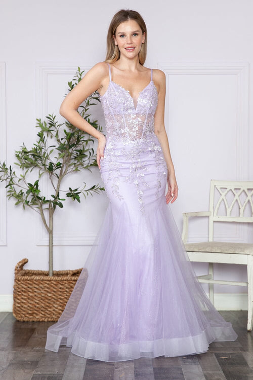 Poly USA 9374 Floral Applique Sleeveless Mermaid Dress