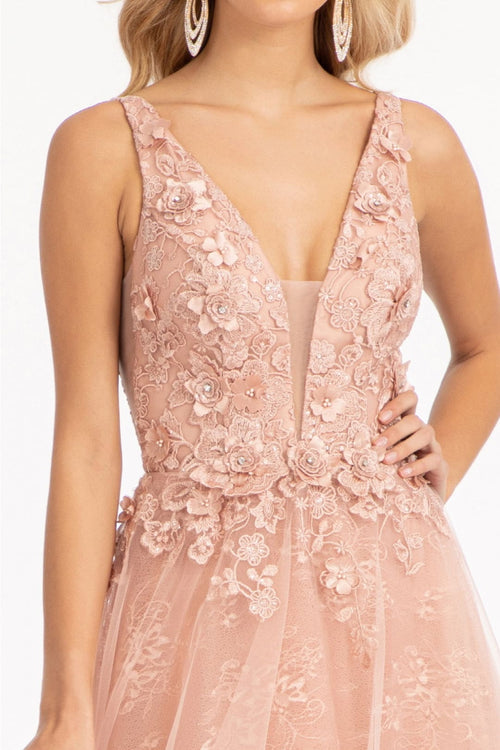 Floral Applique Slit Gown by Elizabeth K GL3012 - XS / Rose Gold - Long Formal Dresses