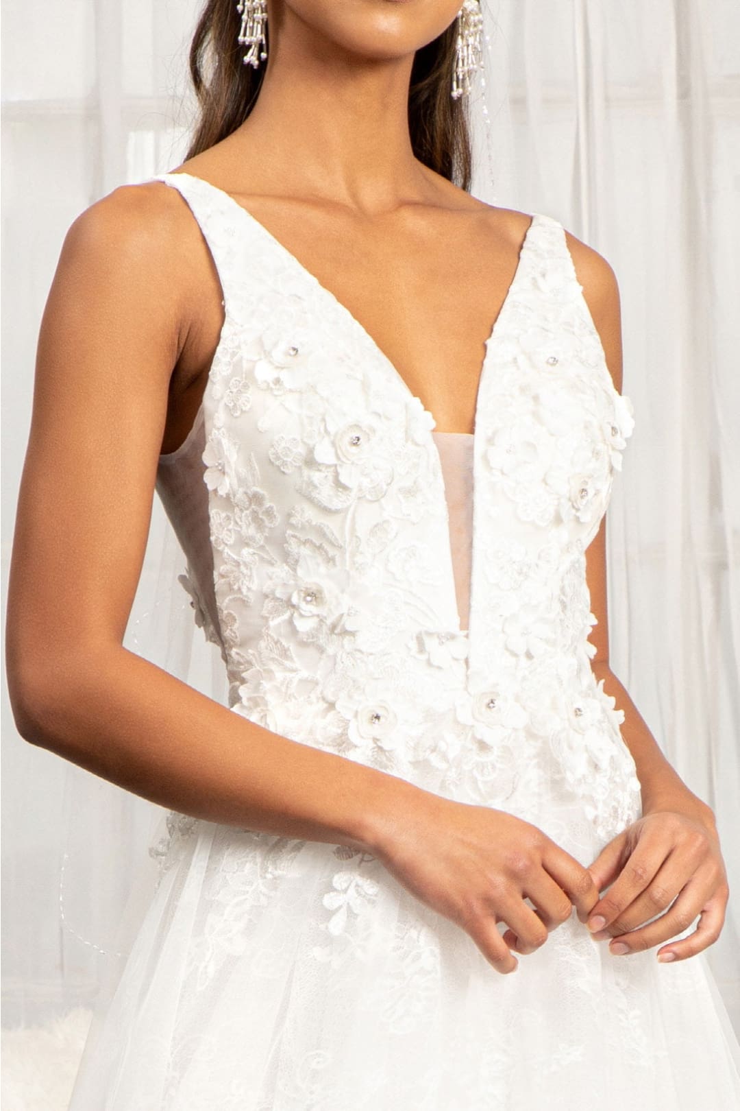 Floral Applique Slit Gown by Elizabeth K GL3012 - XS / Ivory - Long Formal Dresses