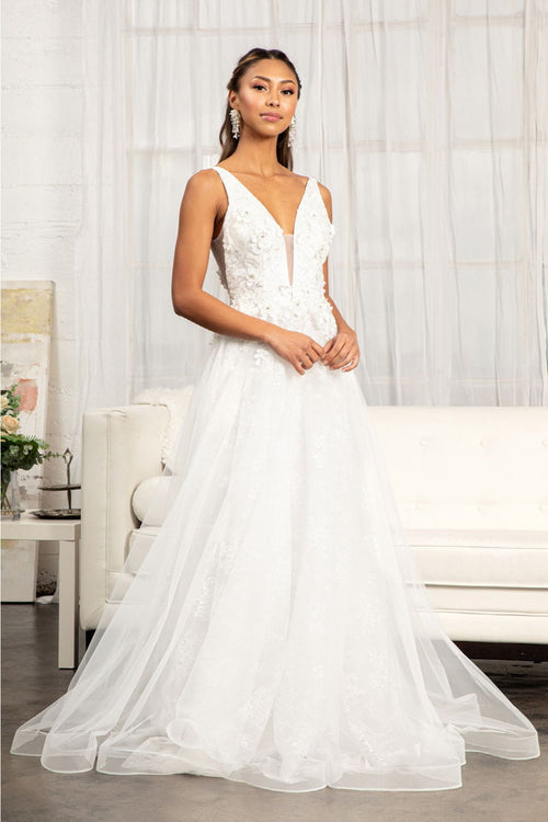 Floral Applique Slit Gown by Elizabeth K GL3012 - XS / Ivory - Long Formal Dresses