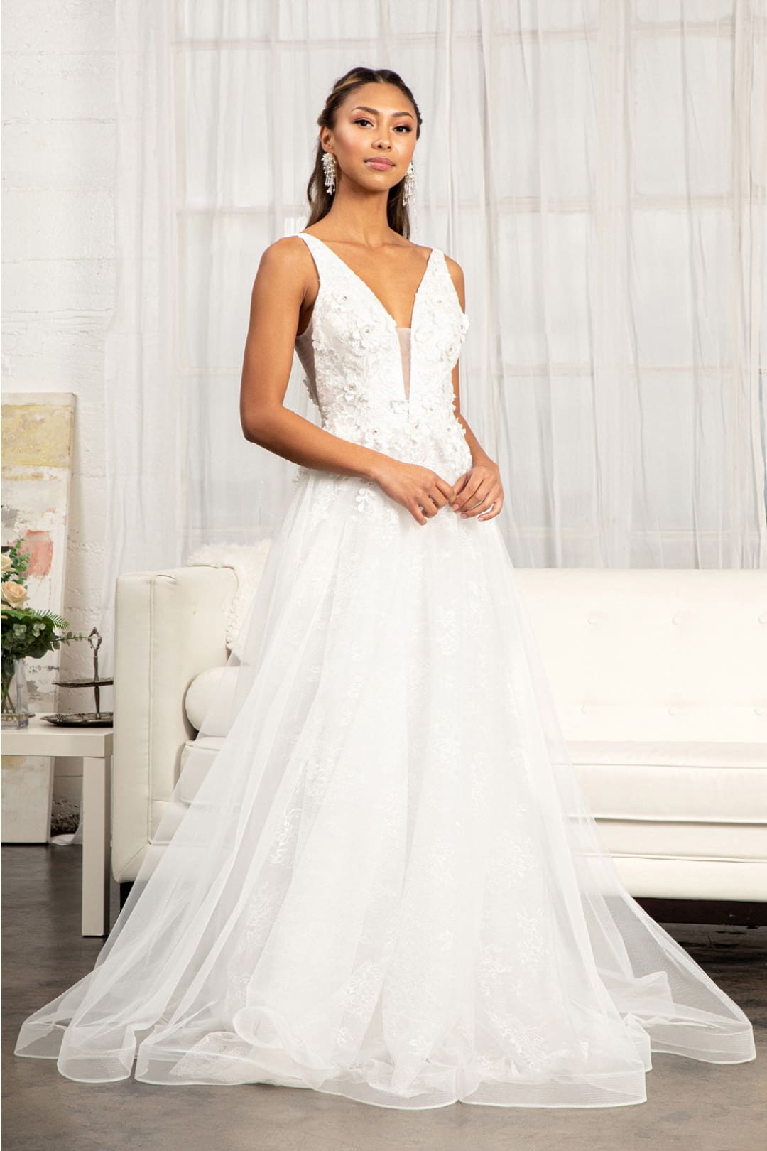 Floral Applique Slit Gown by Elizabeth K GL3012 - XS / Ivory - Long Formal Dresses