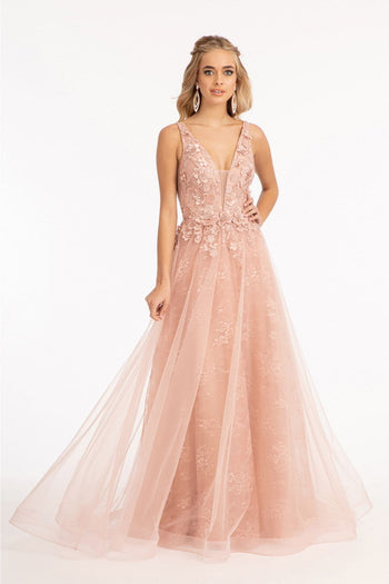 Floral Applique Slit Gown by Elizabeth K GL3012 - XS / Rose Gold - Long Formal Dresses