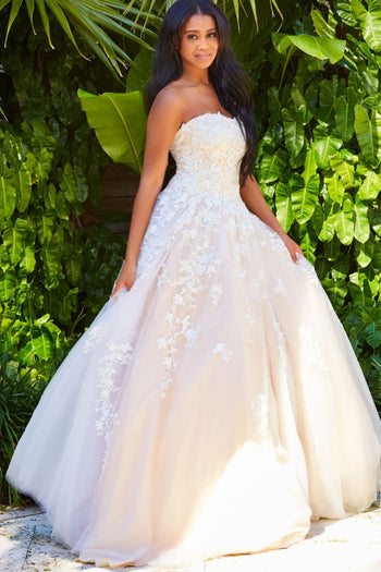 Floral Applique Strapless A-line Gown by Jovani 1831 - 00 / Light Pink - Long Formal Dresses