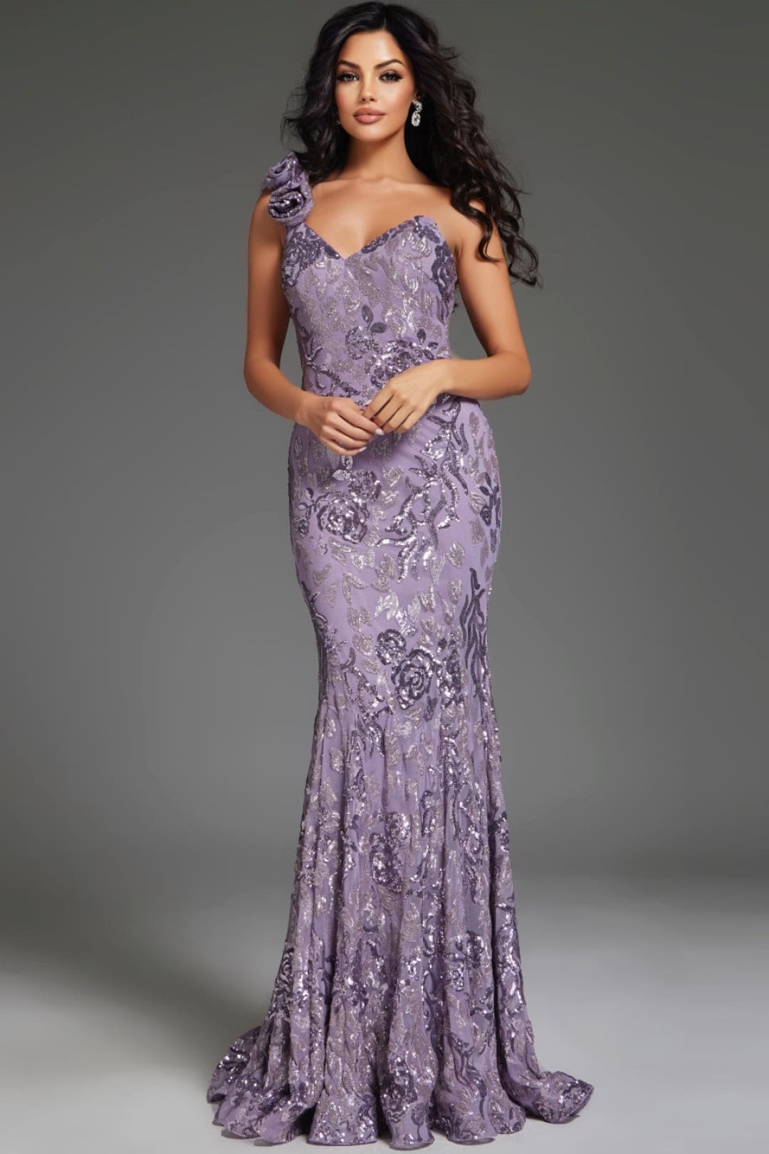 Floral Embellished Fitted One Shoulder Gown by Jovani 37634 - Long Formal Dresses