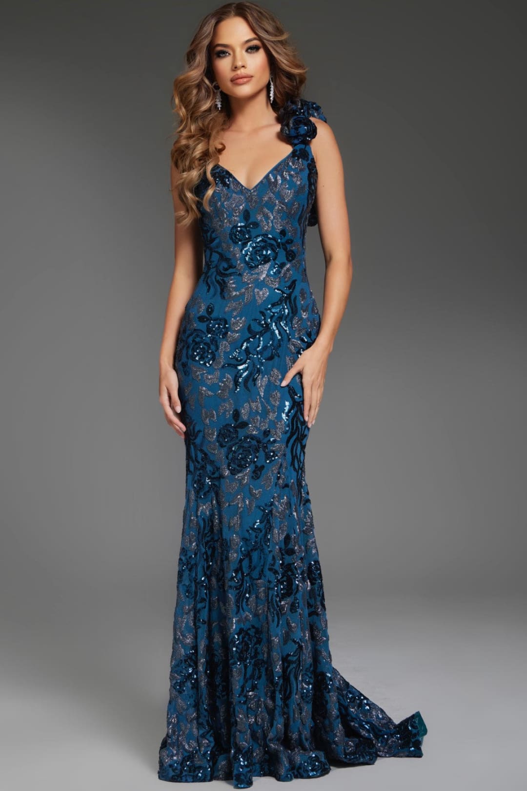 Floral Embellished Fitted One Shoulder Gown by Jovani 37634 - 00 / Slate - Long Formal Dresses