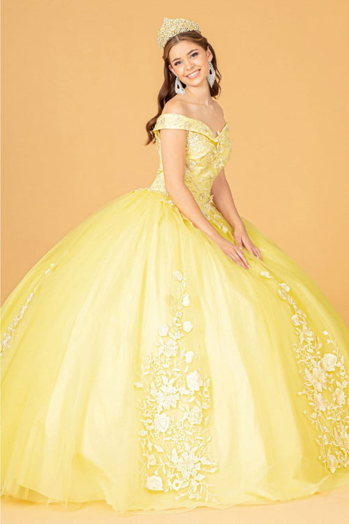 Floral Embroidered Off Shoulder Ball Gown by Elizabeth K GL2802 - XS / Yellow - Quinceanera Dresses