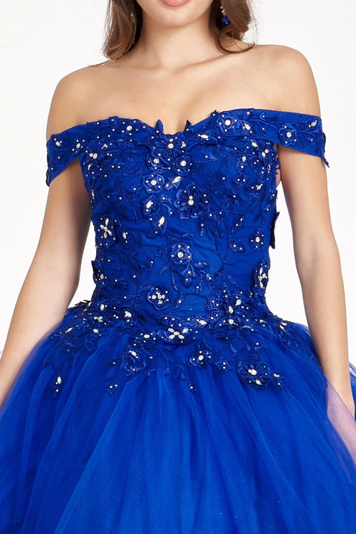Floral Embroidered Off Shoulder Ball Gown by Elizabeth K GL2802 - XS / Royal Blue - Quinceanera Dresses