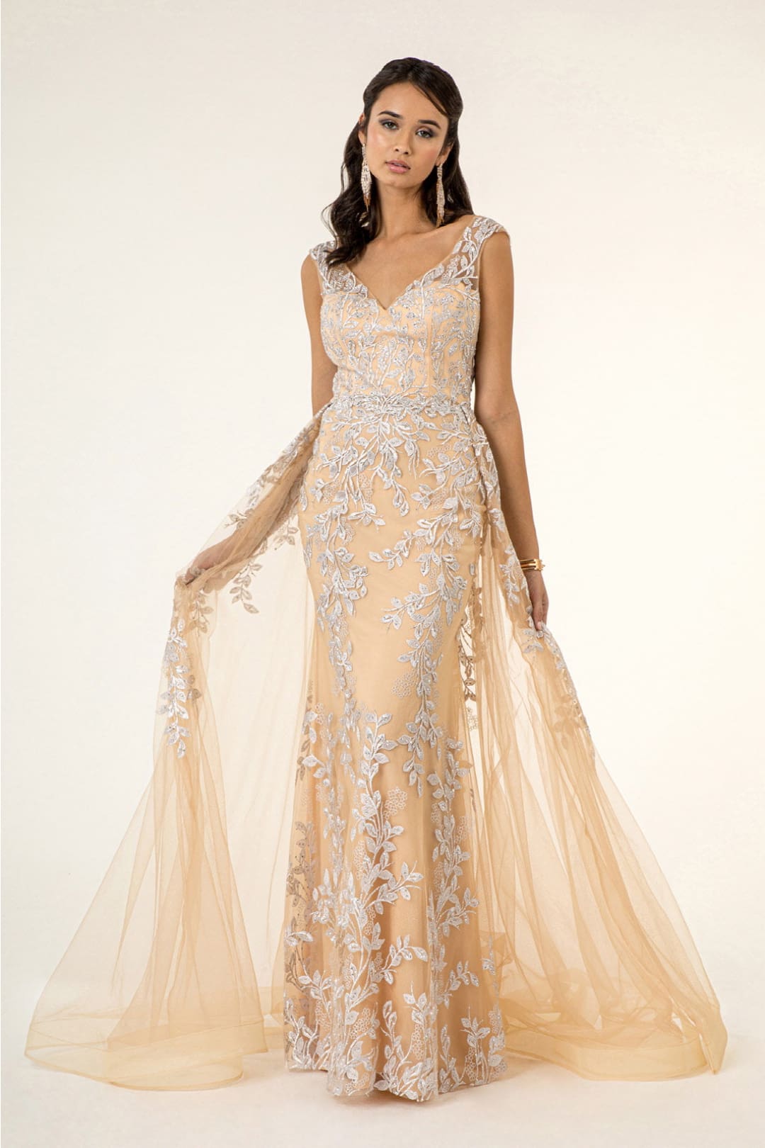 Floral Embroidered Overskirt Gown by Elizabeth K GL1920 - XS / Champagne - Long Formal Dresses