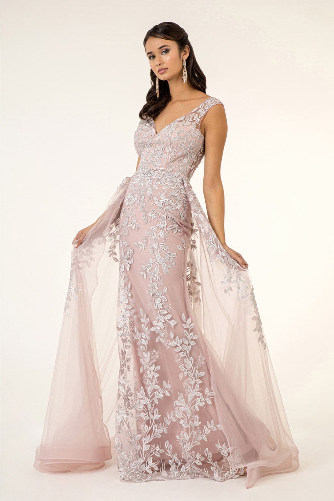 Floral Embroidered Overskirt Gown by Elizabeth K GL1920 - XS / Dusty Rose - Long Formal Dresses