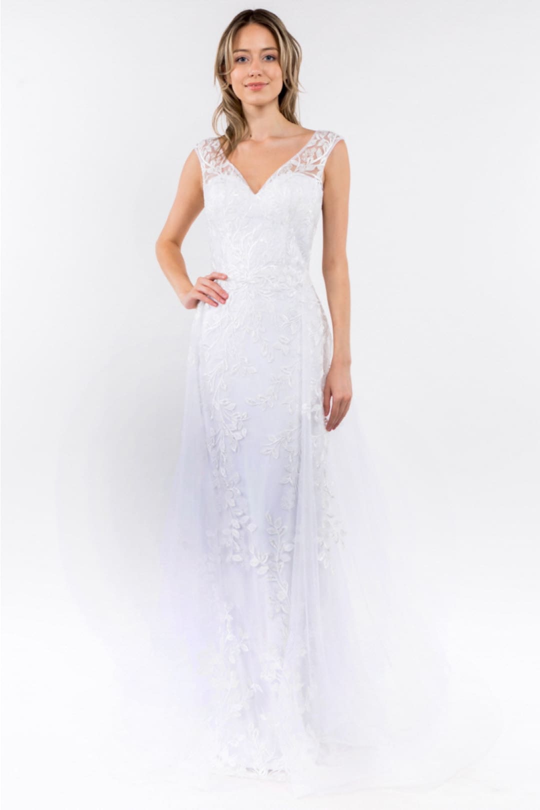 Floral Embroidered Overskirt Gown by Elizabeth K GL1920 - XS / Off White - Long Formal Dresses