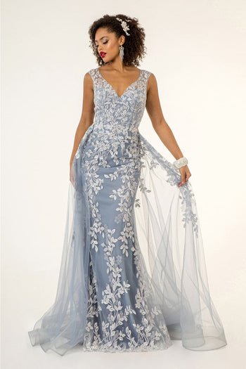 Floral Embroidered Overskirt Gown by Elizabeth K GL1920 - XS / Smoky Blue - Long Formal Dresses