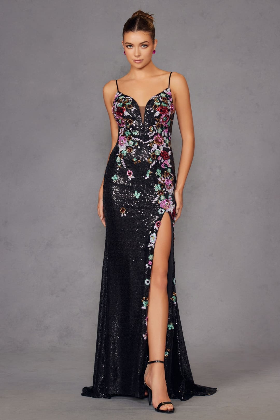 Floral Embroidered Sleeveless Slit Gown by Juliet JT2909K - Long Formal Dresses