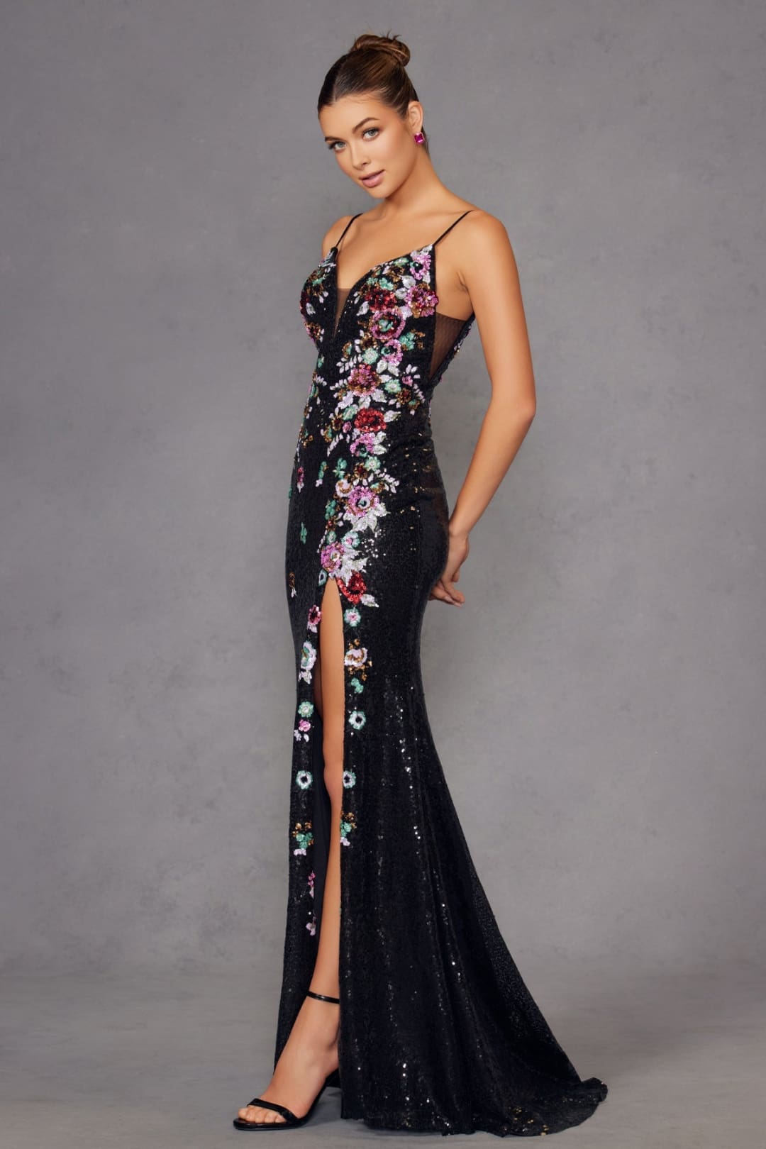 Floral Embroidered Sleeveless Slit Gown by Juliet JT2909K - Long Formal Dresses