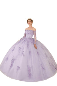 Floral Lace Applique Ball Gown 2025 Long Sleeve Tulle Princess Dress - LILAC / XS - Dress