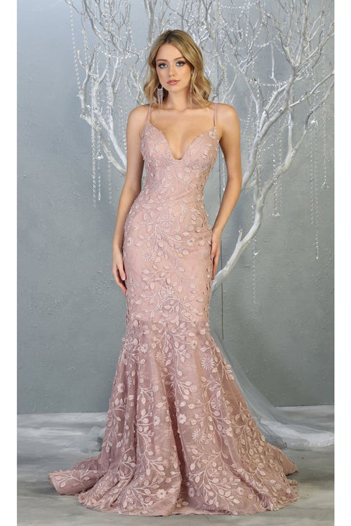 Floral Mermaid Evening Gown - MAUVE/NUDE / 4 - Dress