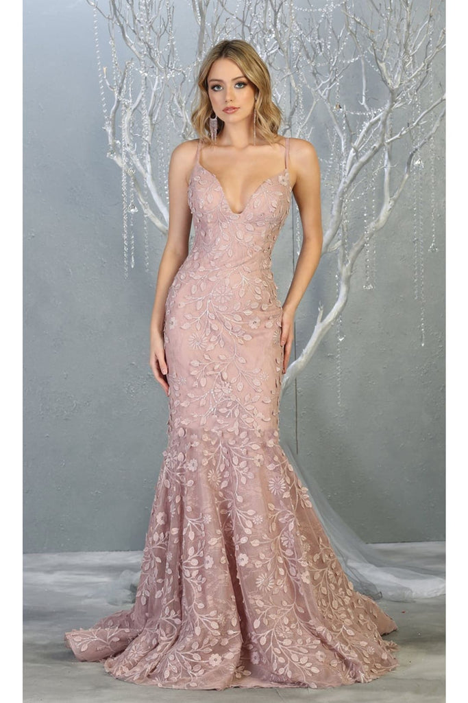 Floral Mermaid Evening Gown - MAUVE/NUDE / 4 - Dress