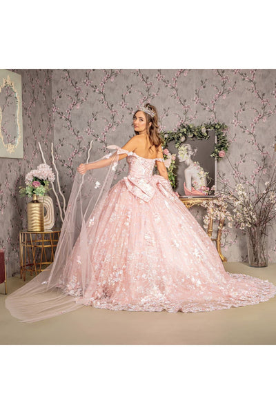Floral Off Shoulder Cape Sleeve Ball Gown by GLS Gloria GL3465 - Quinceanera Dresses