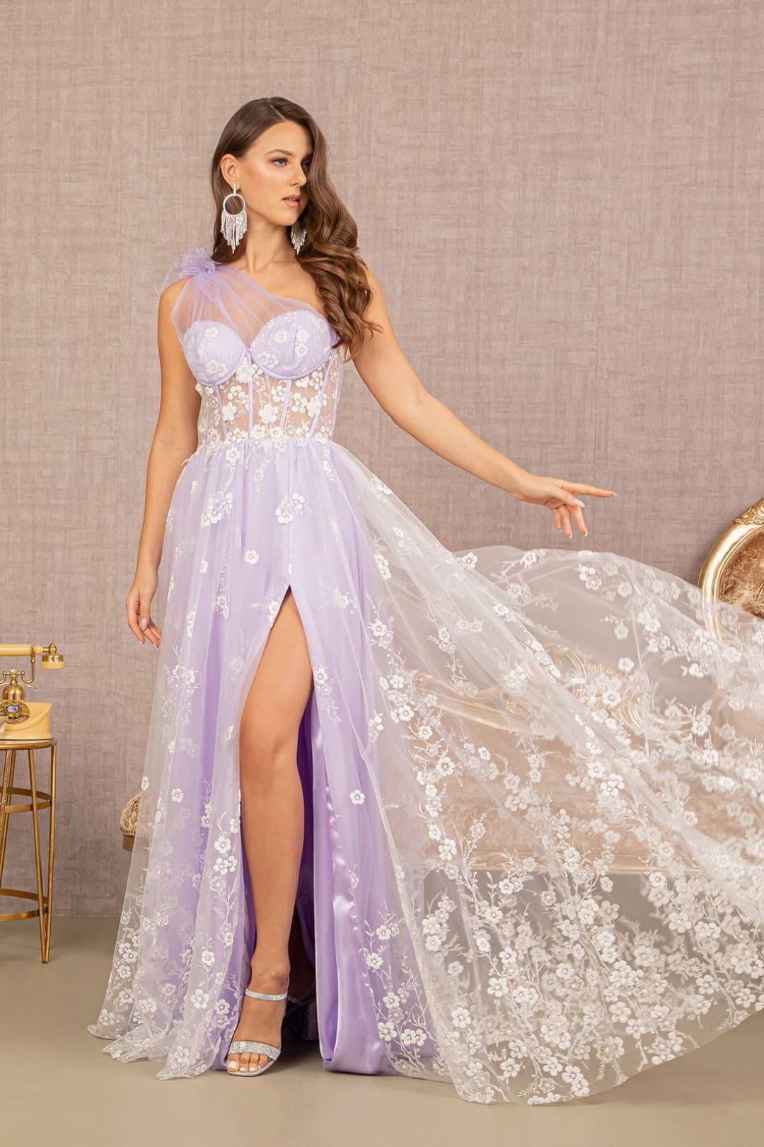 Floral One Shoulder Feather Gown by GLS Gloria GL3134 - Long Formal Dresses