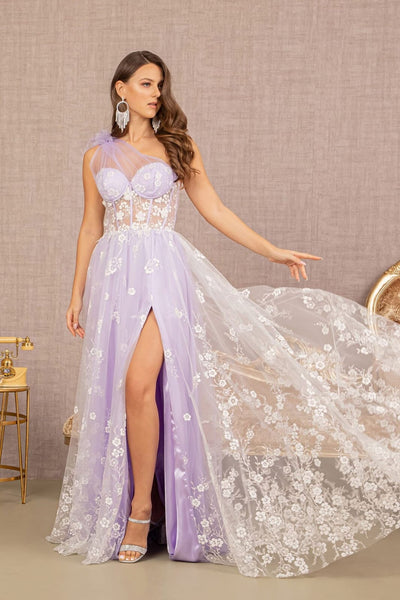 Floral One Shoulder Feather Gown by GLS Gloria GL3134 - Long Formal Dresses