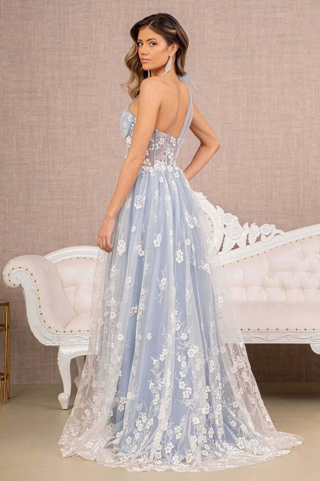 Floral One Shoulder Feather Gown by GLS Gloria GL3134 - Long Formal Dresses